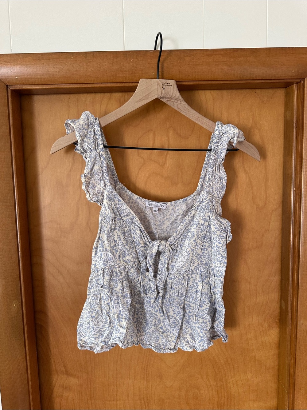 Patrons of Peace Blue and Cream Floral Tie-Front Crop Top